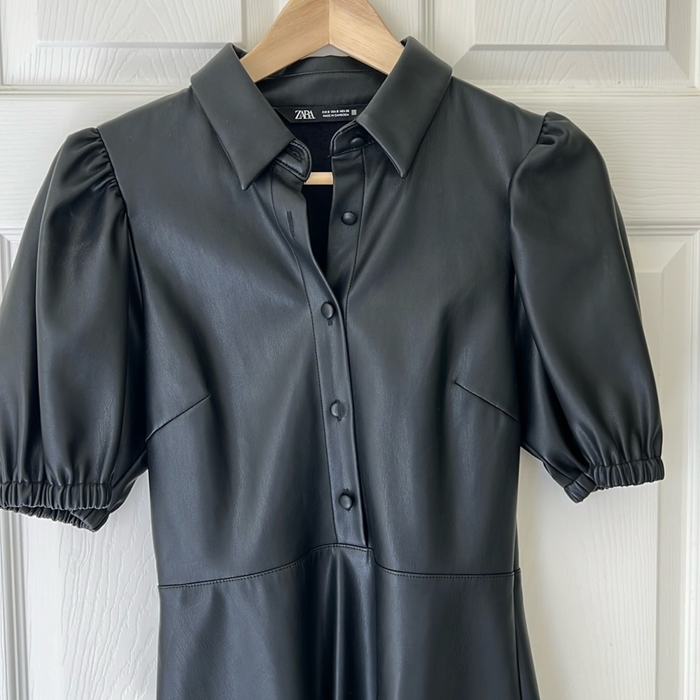 Zara Black Faux Leather Puff Sleeve Dress